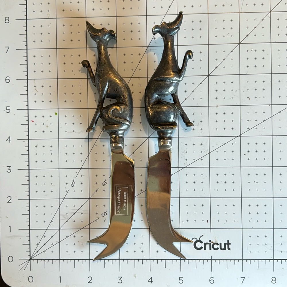 ANTHROPOLOGIE Set of 2 Pewter Greyhound Whippet Cheese Knives Forks